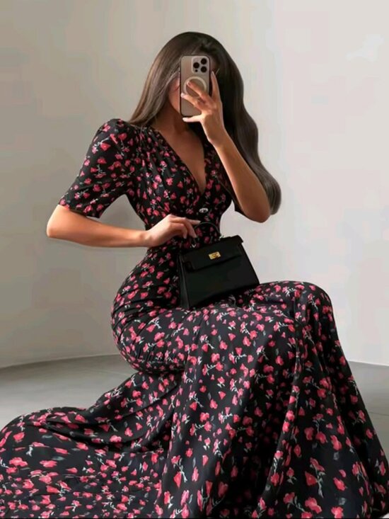 Dresses & Skirts - Chic Lady Dress Printed Short Sleeve V-neck Cinched Waist Slim Long Dress